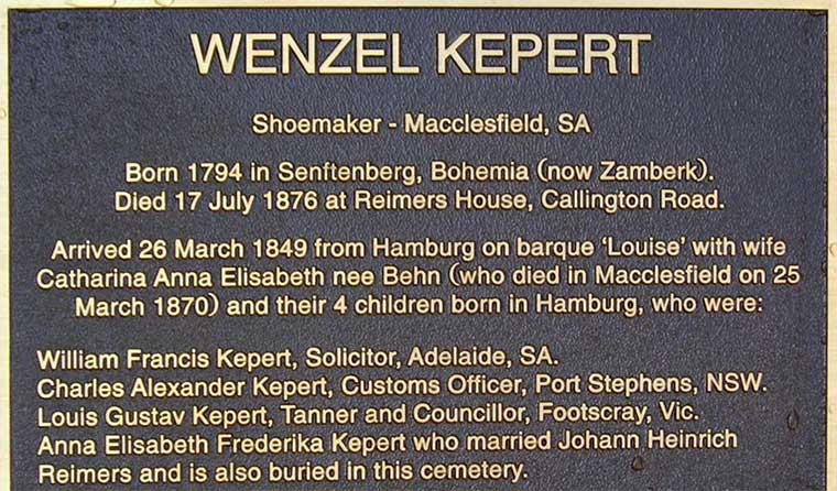 Wenzel Kepert plaque at Salem Cemetery